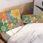 Retro Garden Flowers Groovy 60s 70s Floral Pattern Mustard Green Orange Blue Pillow Sham Gallery Image 2