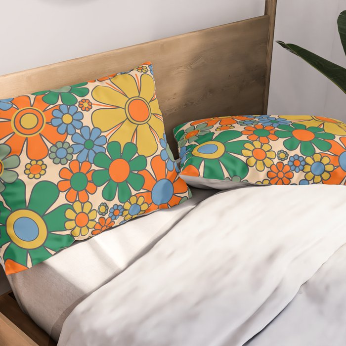 Retro Garden Flowers Groovy 60s 70s Floral Pattern Mustard Green Orange Blue Pillow Sham Gallery Image 2