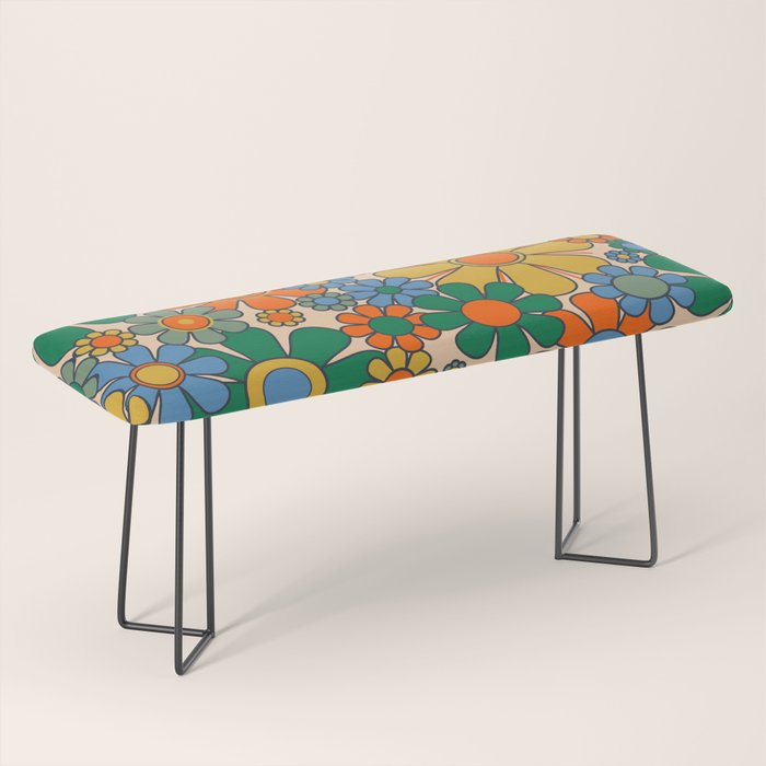 Retro Garden Flowers Groovy 60s 70s Floral Pattern Mustard Green Orange Blue Bench Gallery Image 1