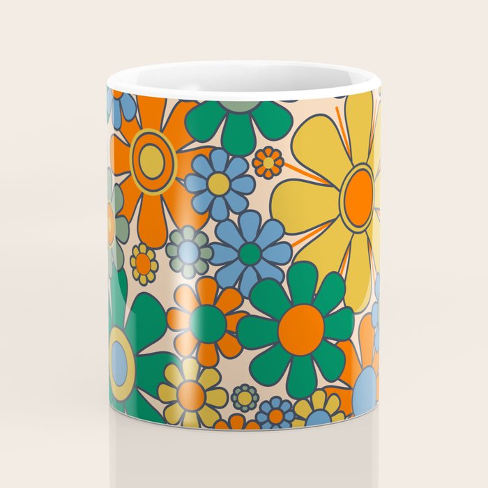 Retro Garden Flowers Groovy 60s 70s Floral Pattern Mustard Green Orange Blue Coffee Mug Gallery Image 4