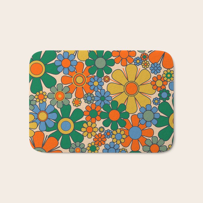 Retro Garden Flowers Groovy 60s 70s Floral Pattern Mustard Green Orange Blue Bath Mat Gallery Image 1