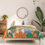 Retro Garden Flowers Groovy 60s 70s Floral Pattern Mustard Green Orange Blue Comforter Gallery Image 3