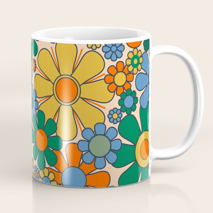 Retro Garden Flowers Groovy 60s 70s Floral Pattern Mustard Green Orange Blue Coffee Mug Gallery Image 1