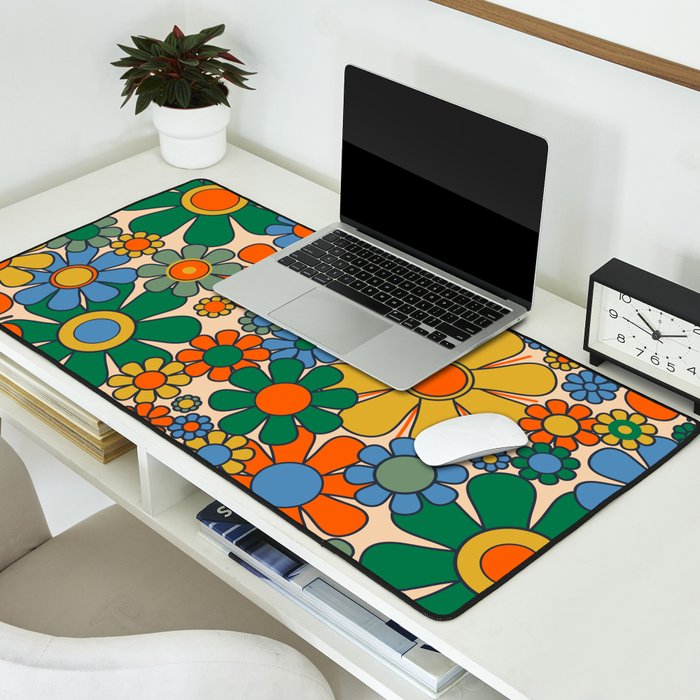Retro Garden Flowers Groovy 60s 70s Floral Pattern Mustard Green Orange Blue Desk Mat Gallery Image 2