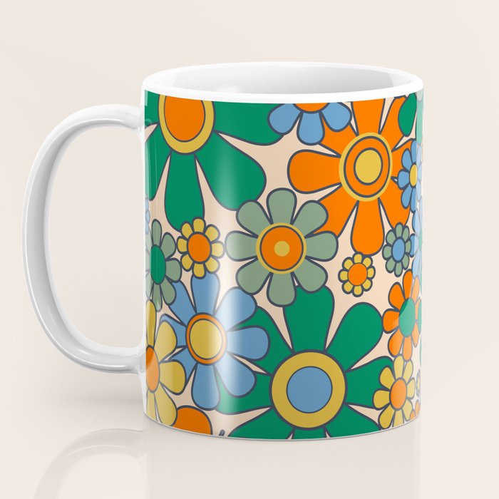 Retro Garden Flowers Groovy 60s 70s Floral Pattern Mustard Green Orange Blue Coffee Mug Gallery Image 3