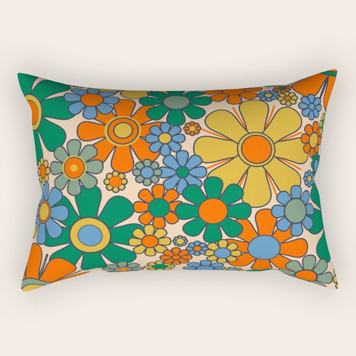Retro Garden Flowers Groovy 60s 70s Floral Pattern Mustard Green Orange Blue Rectangular Pillow Gallery Image 1