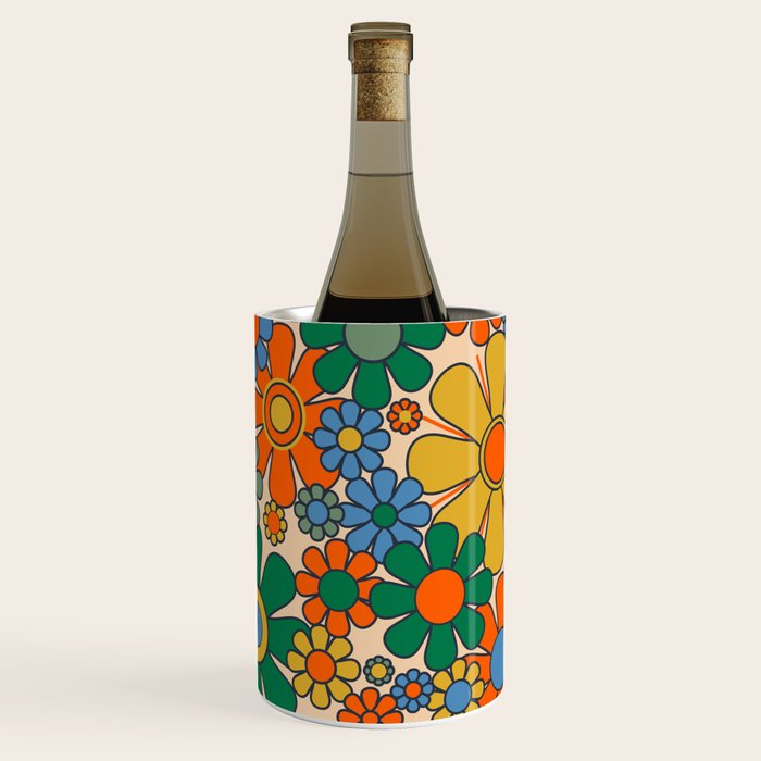 Retro Garden Flowers Groovy 60s 70s Floral Pattern Mustard Green Orange Blue Wine Chiller Gallery Image 1