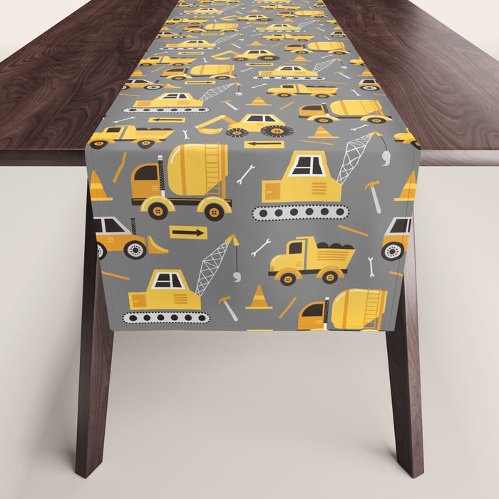 Construction Trucks on Gray Table Runner Gallery Image 1