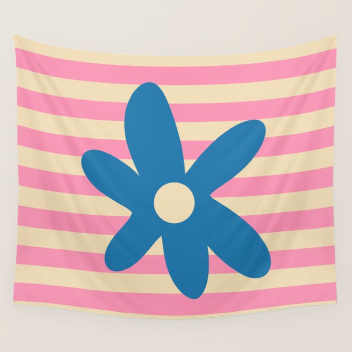 Joyful Flower and Stripes Pop Floral Pink and Blue Wall Tapestry Gallery Image 4