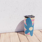Joyful Flower and Stripes Pop Floral Pink and Blue Travel Mug Gallery Image 4