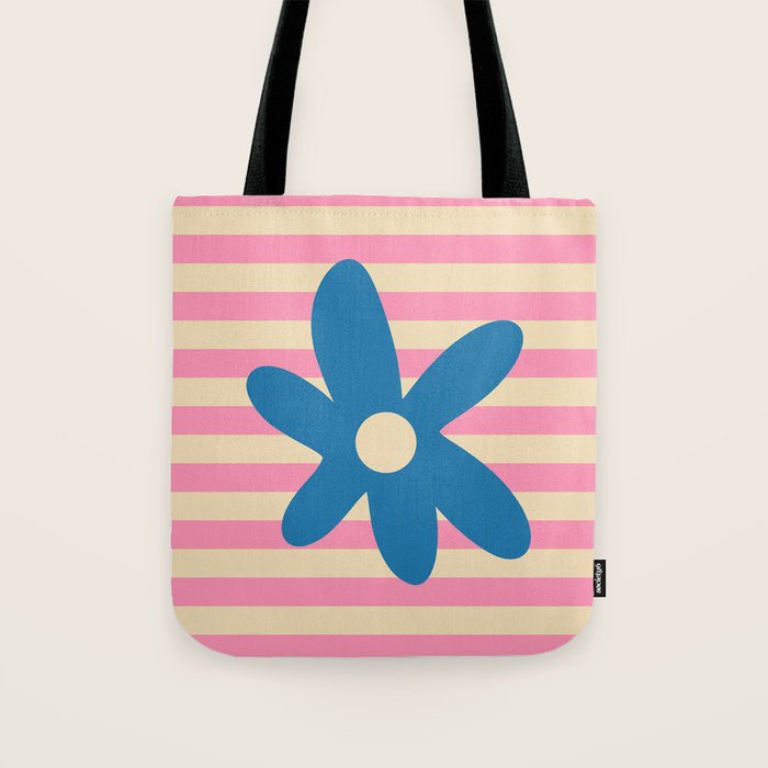 Joyful Flower and Stripes Pop Floral Pink and Blue Tote Bag Gallery Image 1