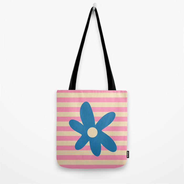 Joyful Flower and Stripes Pop Floral Pink and Blue Tote Bag Gallery Image 2