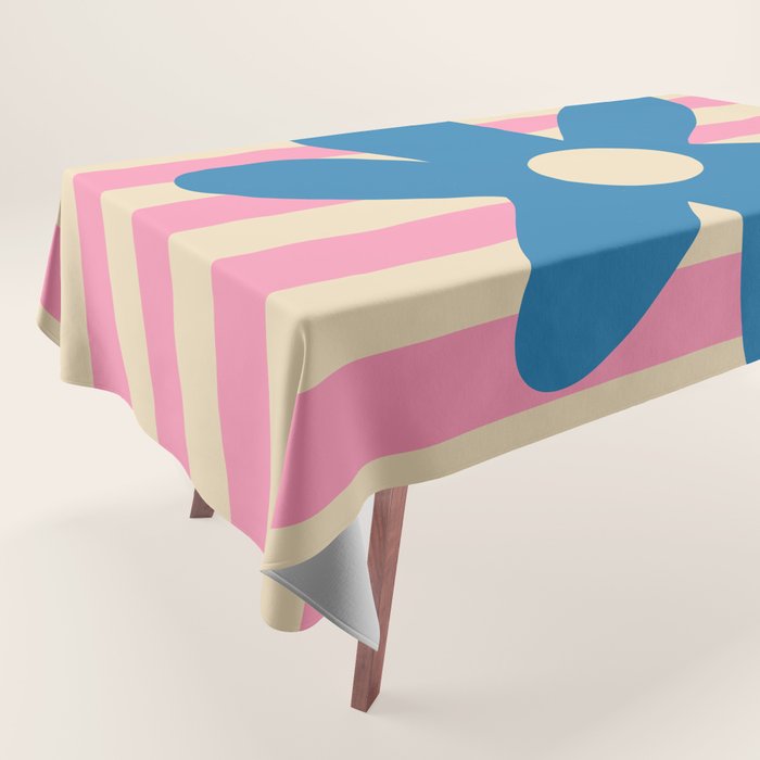 Joyful Flower and Stripes Pop Floral Pink and Blue Tablecloth Gallery Image 1