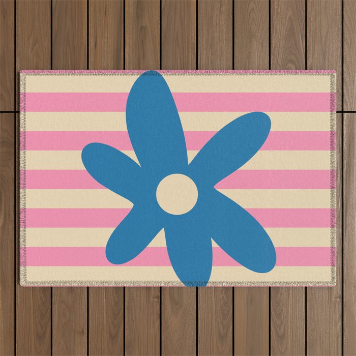 Joyful Flower and Stripes Pop Floral Pink and Blue Outdoor Rug Gallery Image 1