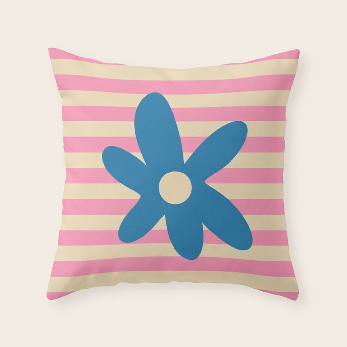 Joyful Flower and Stripes Pop Floral Pink and Blue Throw Pillow Gallery Image 6