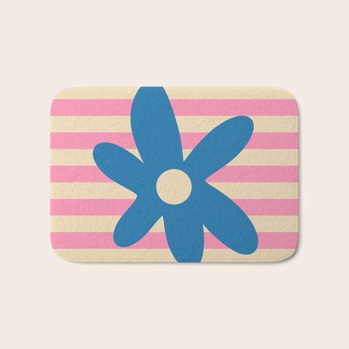 Joyful Flower and Stripes Pop Floral Pink and Blue Bath Mat Gallery Image 1