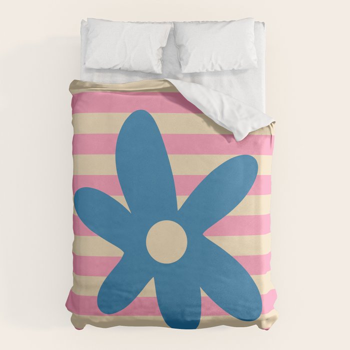 Joyful Flower and Stripes Pop Floral Pink and Blue Duvet Cover Gallery Image 6