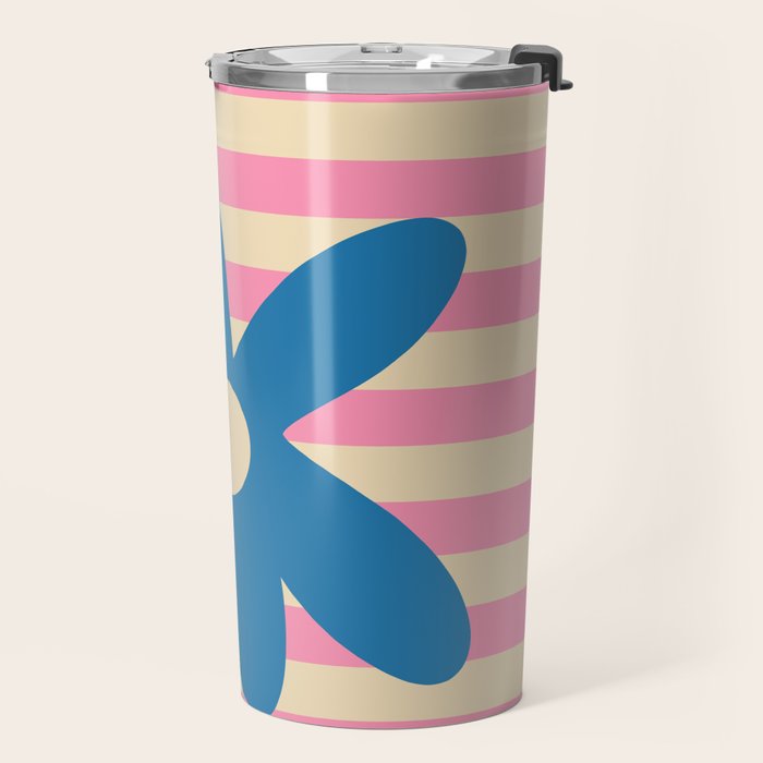 Joyful Flower and Stripes Pop Floral Pink and Blue Travel Mug Gallery Image 2