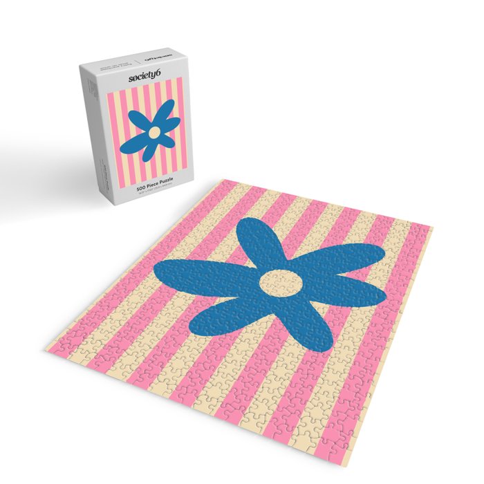 Joyful Flower and Stripes Pop Floral Pink and Blue Jigsaw Puzzle Gallery Image 2