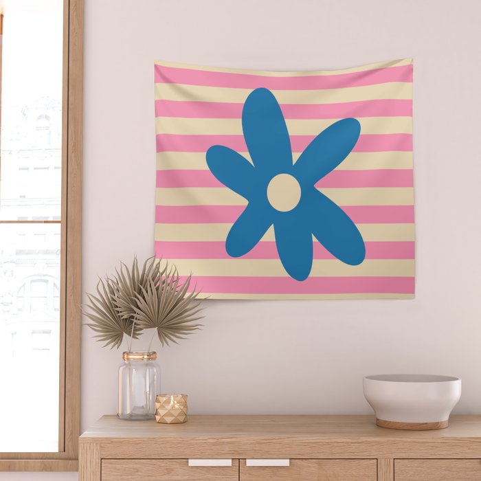 Joyful Flower and Stripes Pop Floral Pink and Blue Wall Tapestry Gallery Image 2