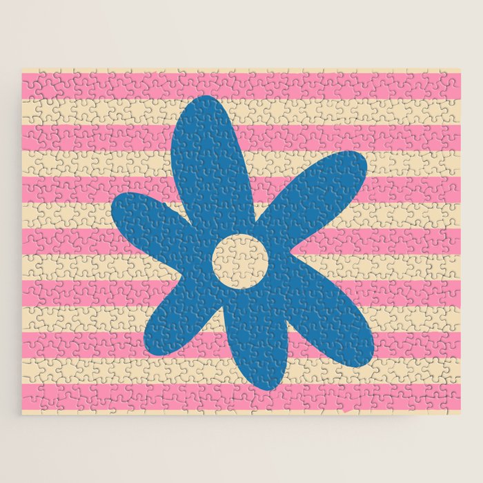 Joyful Flower and Stripes Pop Floral Pink and Blue Jigsaw Puzzle Gallery Image 1