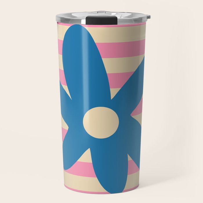 Joyful Flower and Stripes Pop Floral Pink and Blue Travel Mug Gallery Image 1