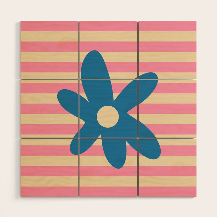 Joyful Flower and Stripes Pop Floral Pink and Blue Wood Wall Art Gallery Image 1