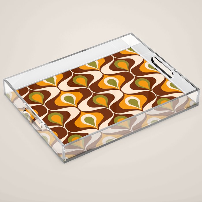 Retro 70s ovals op-art pattern brown, orange Acrylic Tray Gallery Image 1
