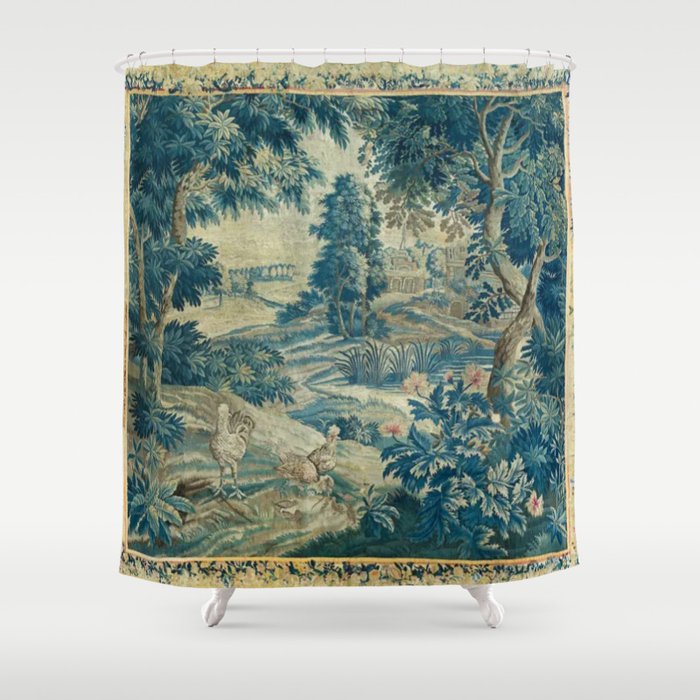 Antique 18th Century Flemish Verdure Green Bird Garden Landscape Tapestry Shower Curtain Gallery Image 1