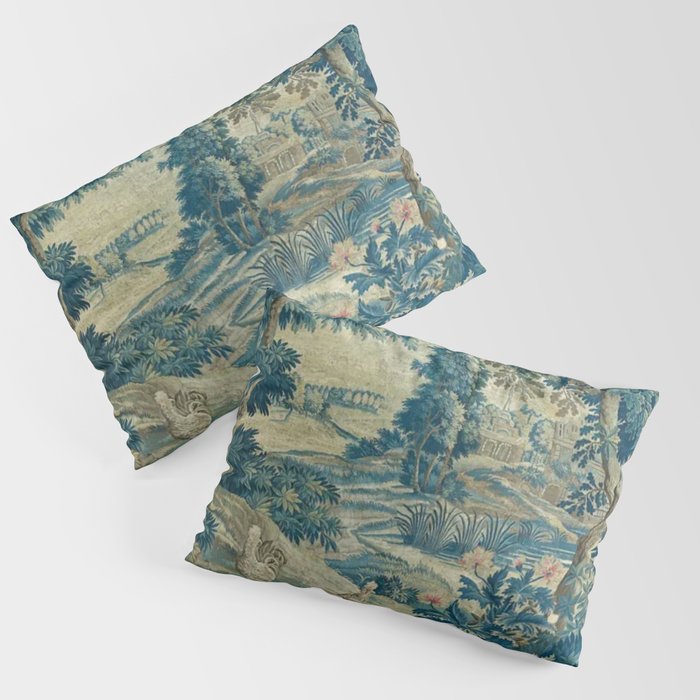 Antique 18th Century Flemish Verdure Green Bird Garden Landscape Tapestry Pillow Sham Gallery Image 3