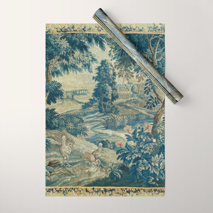 Antique 18th Century Flemish Verdure Green Bird Garden Landscape Tapestry Wrapping Paper Gallery Image 1