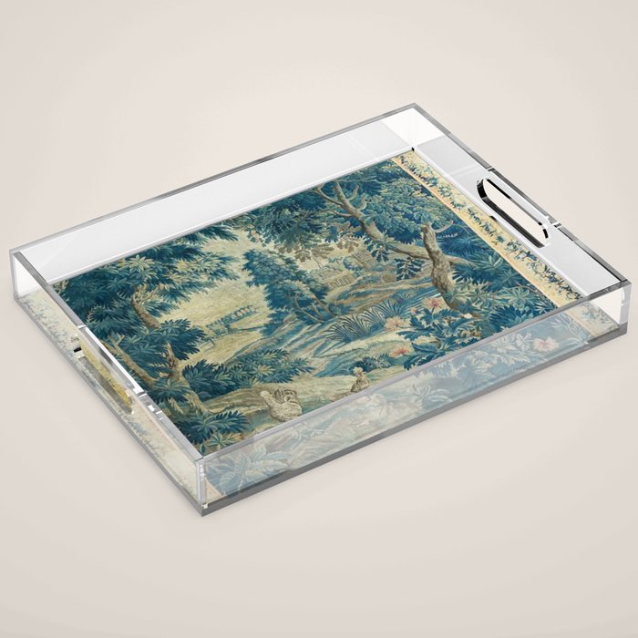 Antique 18th Century Flemish Verdure Green Bird Garden Landscape Tapestry Acrylic Tray Gallery Image 1