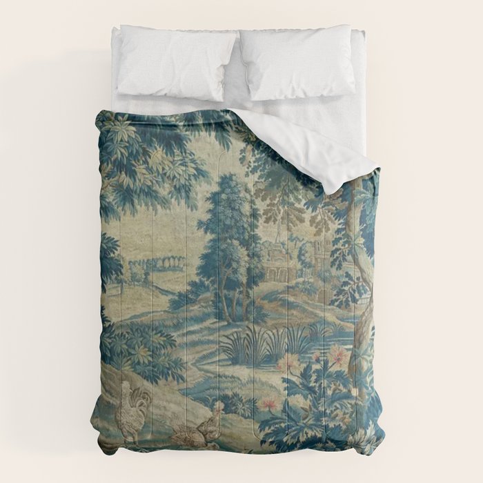 Antique 18th Century Flemish Verdure Green Bird Garden Landscape Tapestry Comforter Gallery Image 1