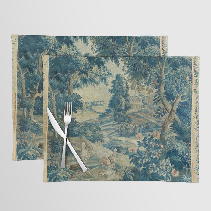 Antique 18th Century Flemish Verdure Green Bird Garden Landscape Tapestry Placemat Gallery Image 1