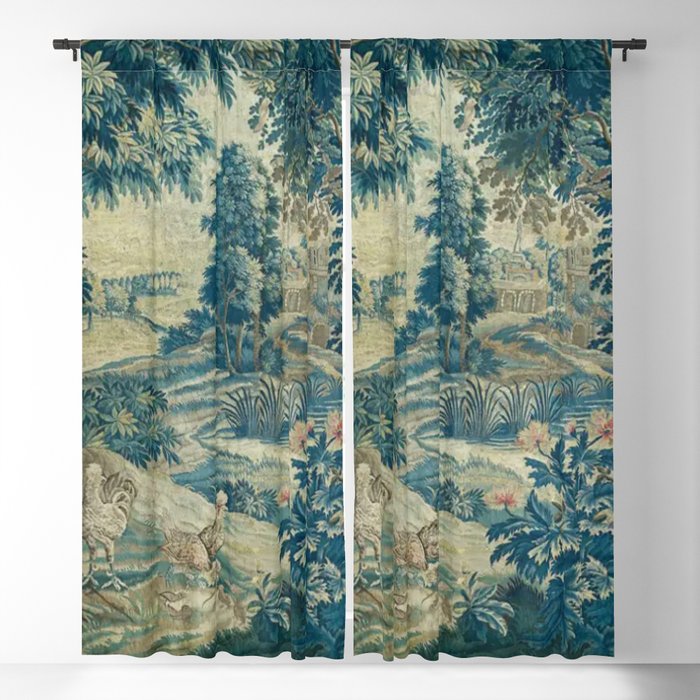 Antique 18th Century Flemish Verdure Green Bird Garden Landscape Tapestry Window Curtain Gallery Image 1