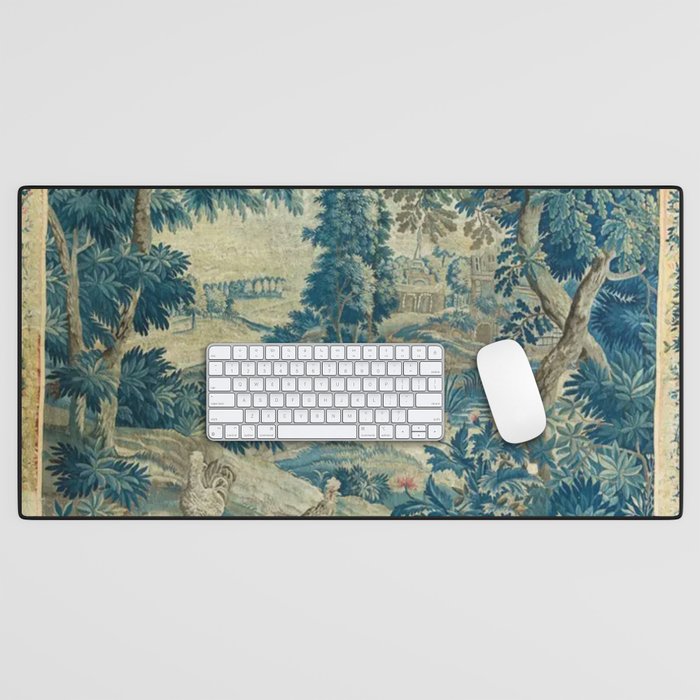 Antique 18th Century Flemish Verdure Green Bird Garden Landscape Tapestry Desk Mat Gallery Image 1