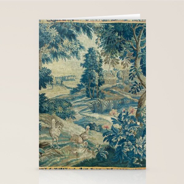 Antique 18th Century Flemish Verdure Green Bird Garden Landscape Tapestry Stationery Card Gallery Image 2