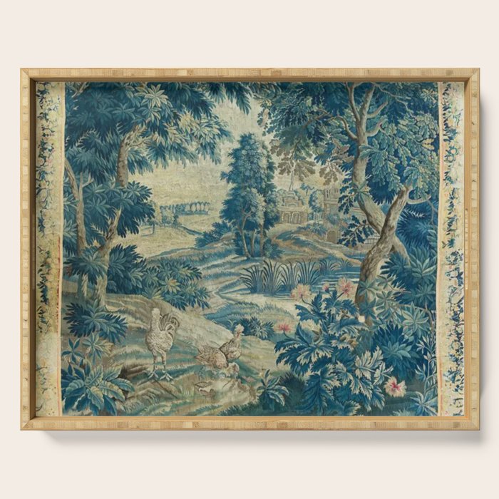 Antique 18th Century Flemish Verdure Green Bird Garden Landscape Tapestry Serving Tray Gallery Image 1