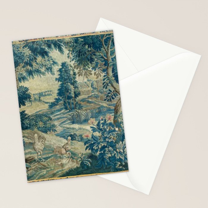 Antique 18th Century Flemish Verdure Green Bird Garden Landscape Tapestry Stationery Card Gallery Image 2