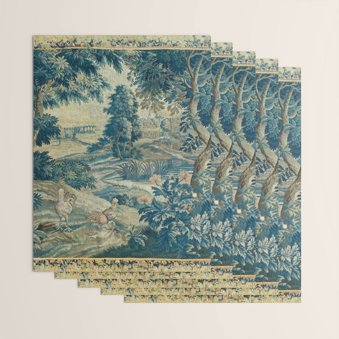 Antique 18th Century Flemish Verdure Green Bird Garden Landscape Tapestry Wrapping Paper Gallery Image 3