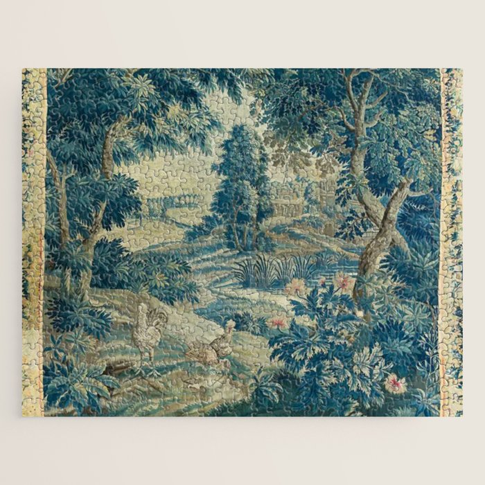 Antique 18th Century Flemish Verdure Green Bird Garden Landscape Tapestry Jigsaw Puzzle Gallery Image 1
