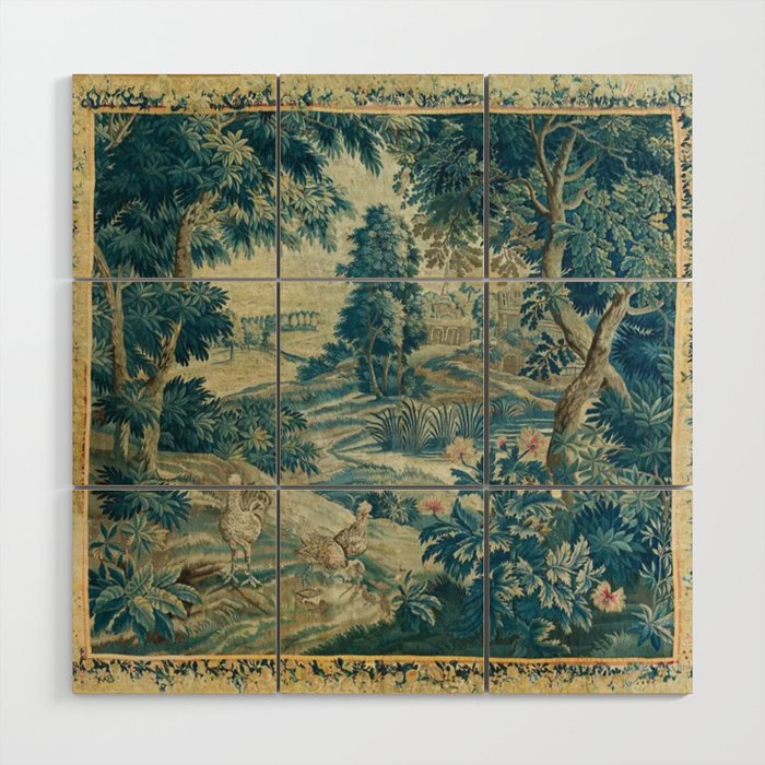 Antique 18th Century Flemish Verdure Green Bird Garden Landscape Tapestry Wood Wall Art Gallery Image 1