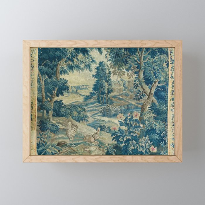 Antique 18th Century Flemish Verdure Green Bird Garden Landscape Tapestry Mini Art Print Gallery Image 1