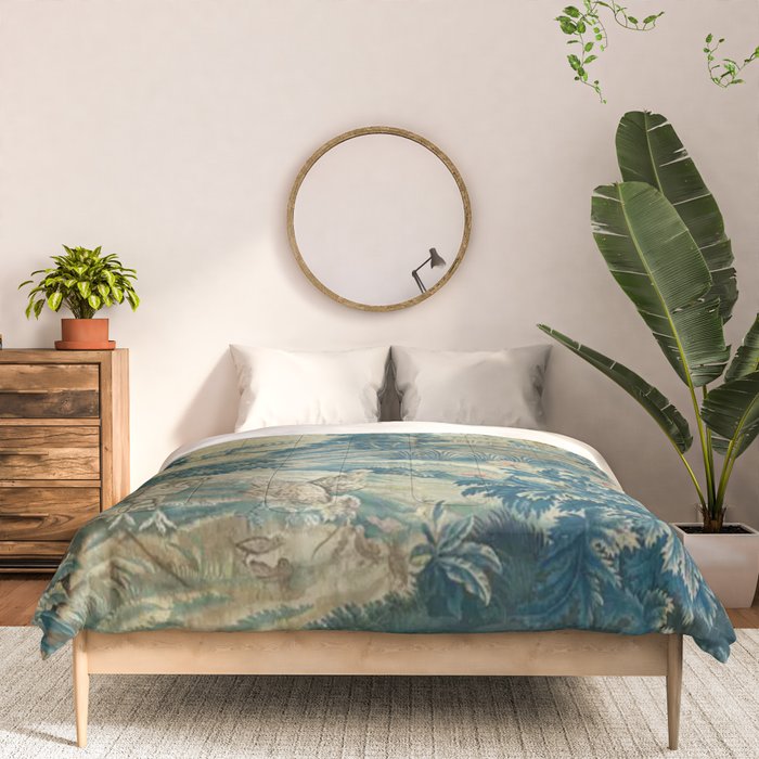 Antique 18th Century Flemish Verdure Green Bird Garden Landscape Tapestry Comforter Gallery Image 3