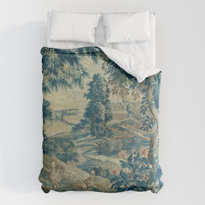 Antique 18th Century Flemish Verdure Green Bird Garden Landscape Tapestry Duvet Cover Gallery Image 1