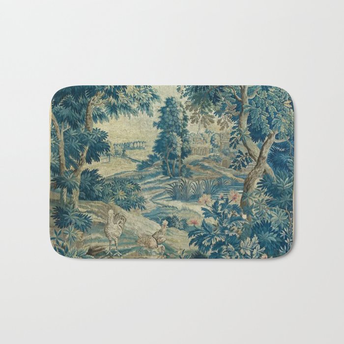 Antique 18th Century Flemish Verdure Green Bird Garden Landscape Tapestry Bath Mat Gallery Image 1