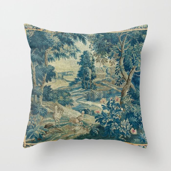 Antique 18th Century Flemish Verdure Green Bird Garden Landscape Tapestry Throw Pillow Gallery Image 6