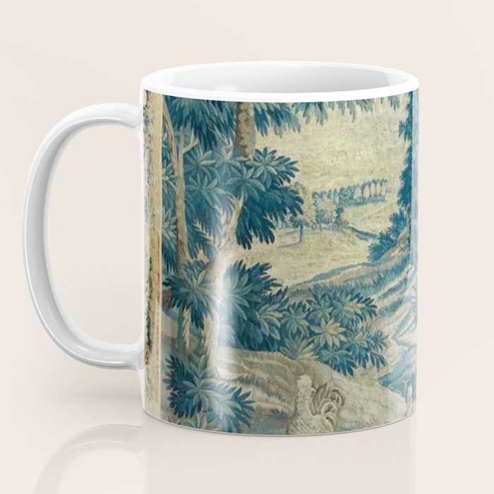 Antique 18th Century Flemish Verdure Green Bird Garden Landscape Tapestry Coffee Mug Gallery Image 3