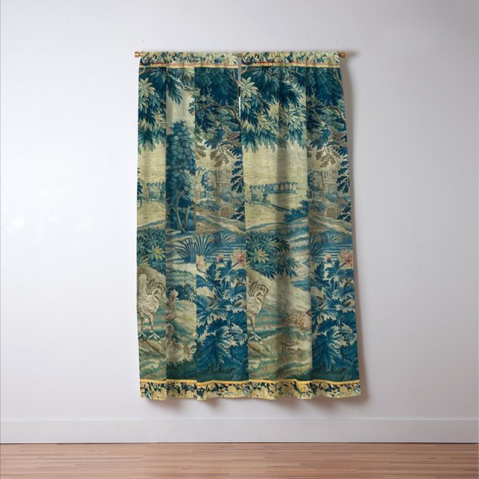 Antique 18th Century Flemish Verdure Green Bird Garden Landscape Tapestry Window Curtain Gallery Image 3