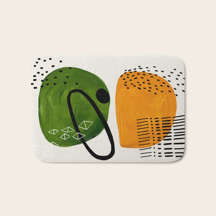 Mid Century Modern Abstract Colorful Art Patterns Olive Green Yellow Ochre Orbit Geometric Objects Bath Mat Gallery Image 1